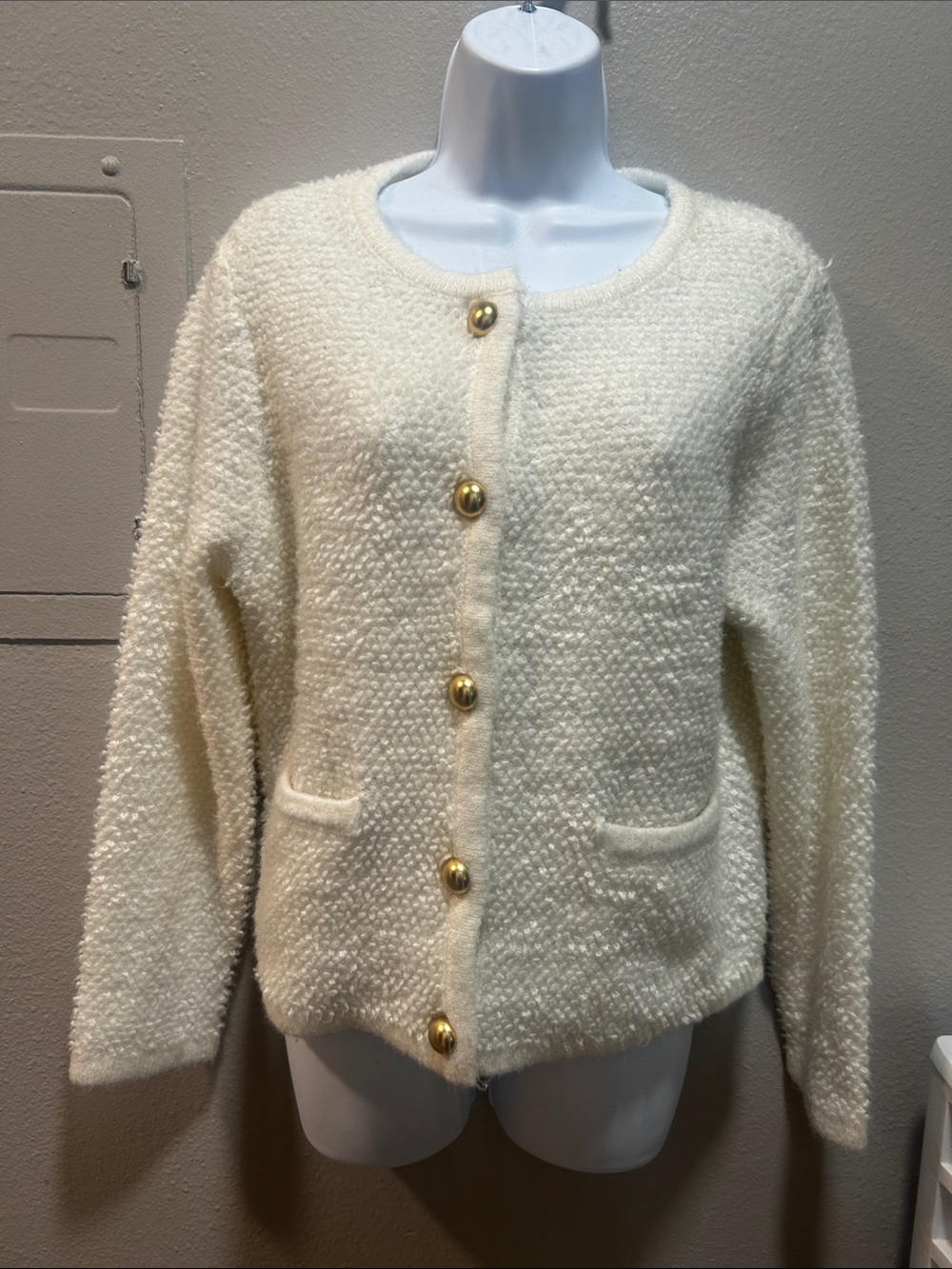 Cream Bouclé Button-Front Cardigan Sweater